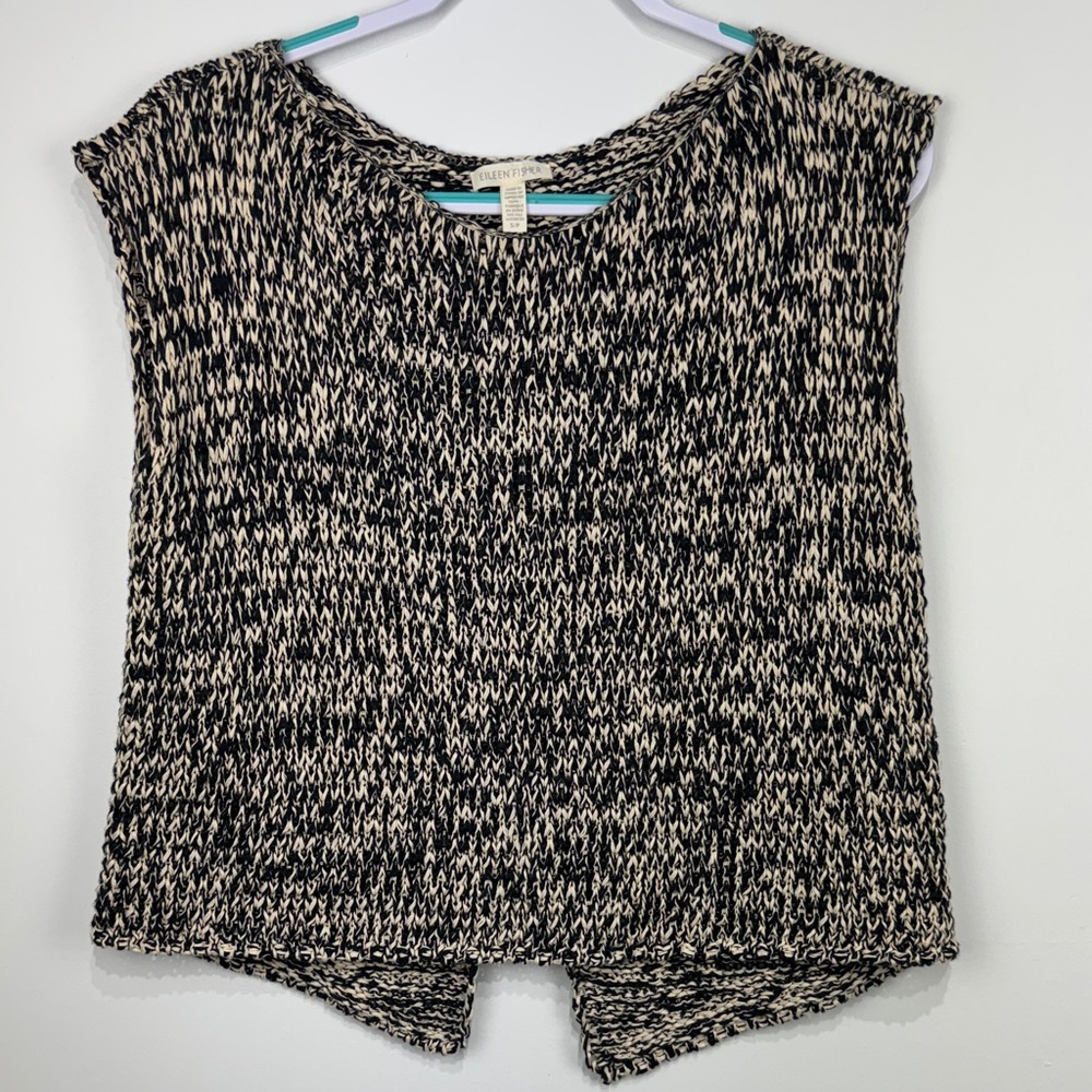 Eileen Fisher black&cream chunky knit cap sleeve crossover back sweater. Sz SP